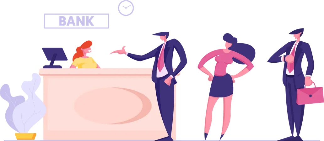Visitors And Employees In Bank Office Public Access To Financial Services Interior With Woman Worker Sitting At Counter Desk And Clients Waiting Consulting In Queue Cartoon Flat Vector Illustration Illustration