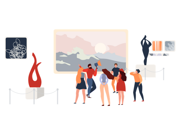 Visitors in Exhibition Gallery or Museum Listening Guide, Looking Paintings, Sculptures, Installations Modern Abstract Art  Illustration
