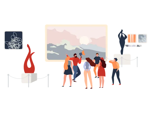 Visitors in Exhibition Gallery or Museum Listening Guide, Looking Paintings, Sculptures, Installations Modern Abstract Art  Illustration