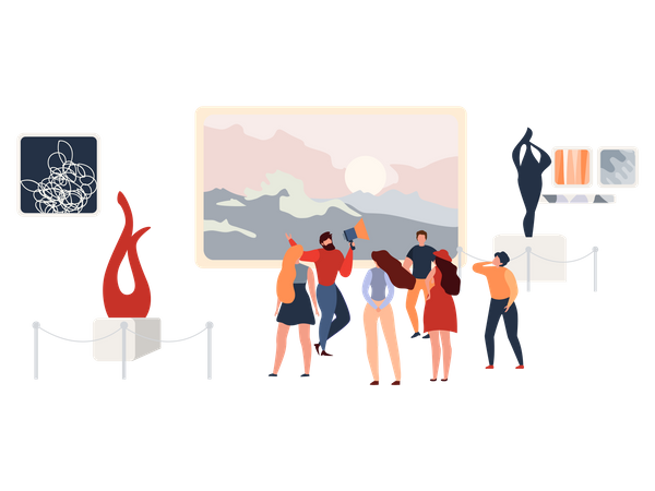 Visitors in Exhibition Gallery or Museum Listening Guide, Looking Paintings, Sculptures, Installations Modern Abstract Art  Illustration