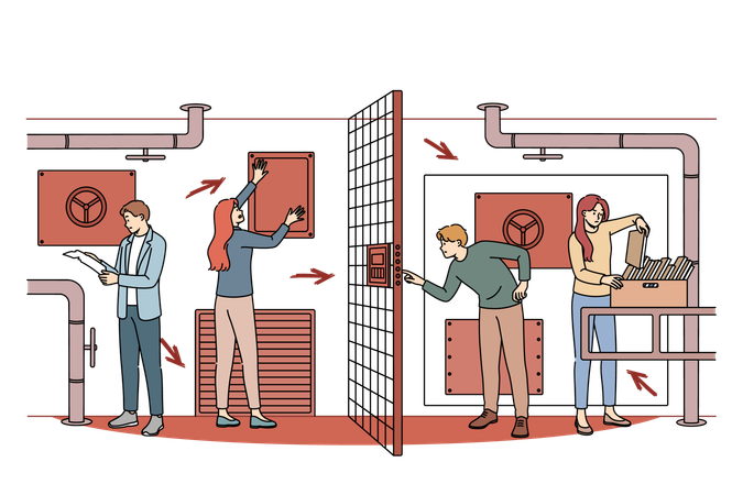 Visitors to quest room looking for key to open door that will allow them to move on  Illustration