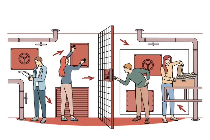 Visitors to quest room looking for key to open door that will allow them to move on  Illustration