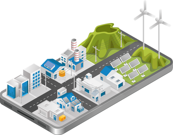 Vista de la ciudad con energía solar en un teléfono inteligente  Ilustración