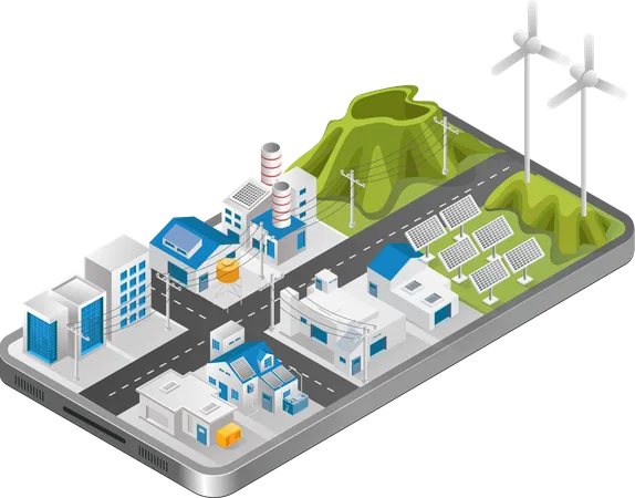 Vista de la ciudad con energía solar en un teléfono inteligente  Ilustración