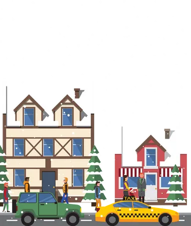Vistas Y Edificios Invernales Carteles Con Nieve Cayendo Sobre Tejados Y Pinos Personas Y Automoviles En Las Carreteras Paisaje Urbano Aislado En Ilustraciones Vectoriales Ilustración