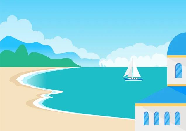 Vista Na Bela Praia E Linda Paisagem Maritima Ilustracao Vetorial Com Mar Calmo Areia Bege Casa Com Telhado Azul Pequeno Barco Com Velas Brancas Ilustração