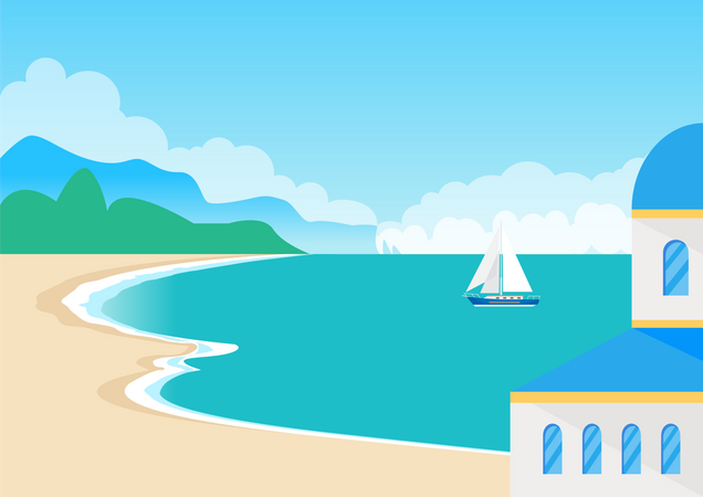 Vista sobre la hermosa playa de arena y el lindo paisaje marino  Ilustración