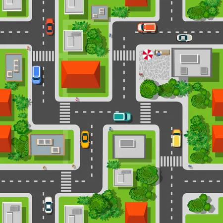 Vista Superior Del Patron Transparente De Calles Caminos Casas Y Automoviles De La Ciudad Ilustración
