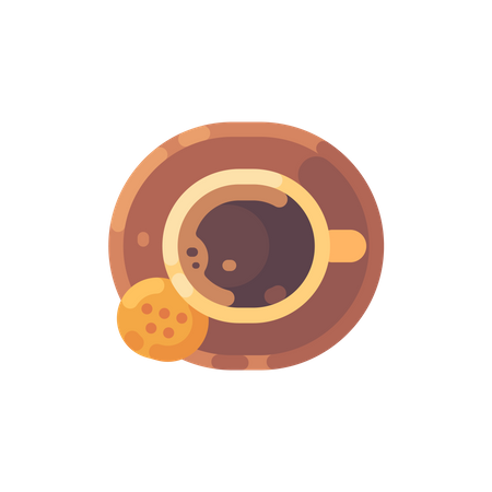 Vista superior da xícara de café com um biscoito  Ilustração