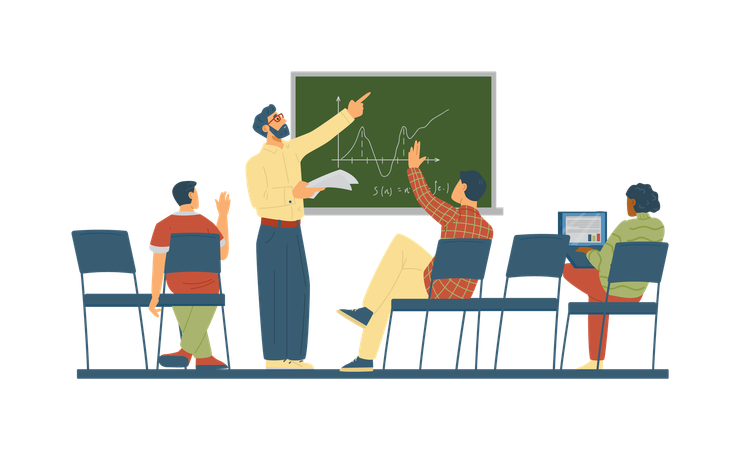 Vista trasera de los estudiantes sentados en sillas y escuchando al profesor masculino.  Ilustración