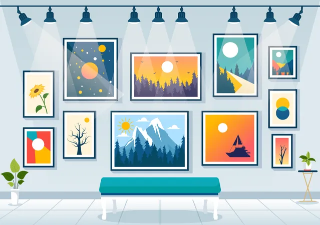 Photo Gallery Vector Illustration For Museum Visitors View Exhibition Of Modern Abstract Paintings And Picture In Contemporary In Flat Background Illustration