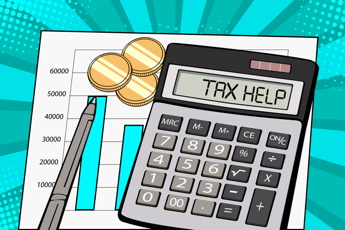 Visualización de calculadora con ayuda de texto sobre impuestos.  Ilustración