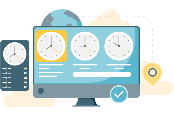 Visualización del reloj mundial en la computadora  Ilustración