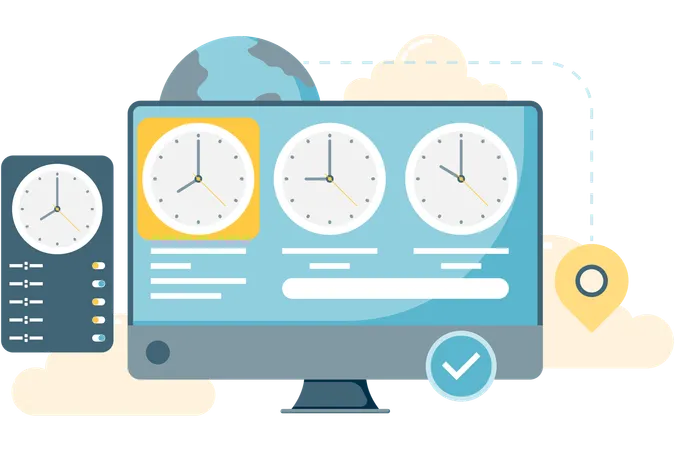 Visualización del reloj mundial en la computadora  Ilustración