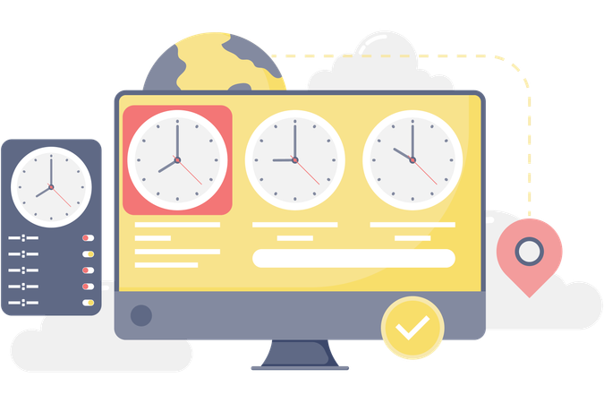 Visualización del reloj mundial en la computadora  Ilustración