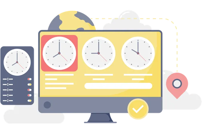 Visualización del reloj mundial en la computadora  Ilustración