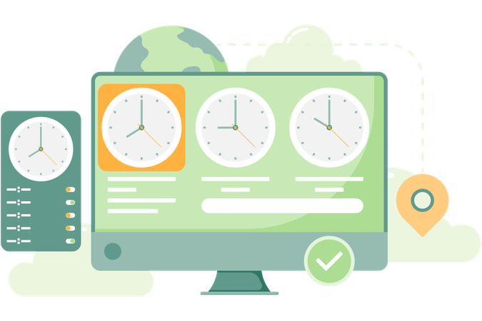 Visualización del reloj mundial en la computadora  Ilustración