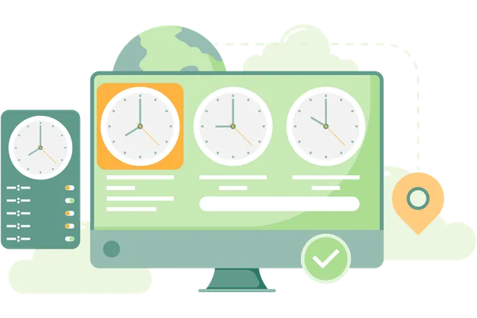 Visualización del reloj mundial en la computadora  Ilustración