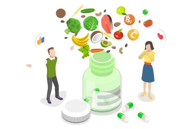 3 D Isometric Flat Vector Conceptual Illustration Of Vitamin And Mineral Supplements Healthy And Balanced Diet Illustration