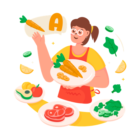 Vitamin and nutrition food reviews given by woman  Illustration