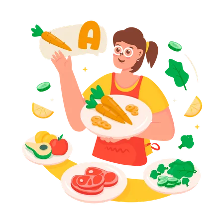 Vitamin and nutrition food reviews given by woman  Illustration