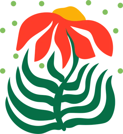 This Illustration Captures A Stylized Red Poppy With Vivid Green And White Patterned Leaves Set Against A Playful Background Of Green Dots The Bright Red Petals Curve Gracefully Evoking A Sense Of Movement And Life Illustration