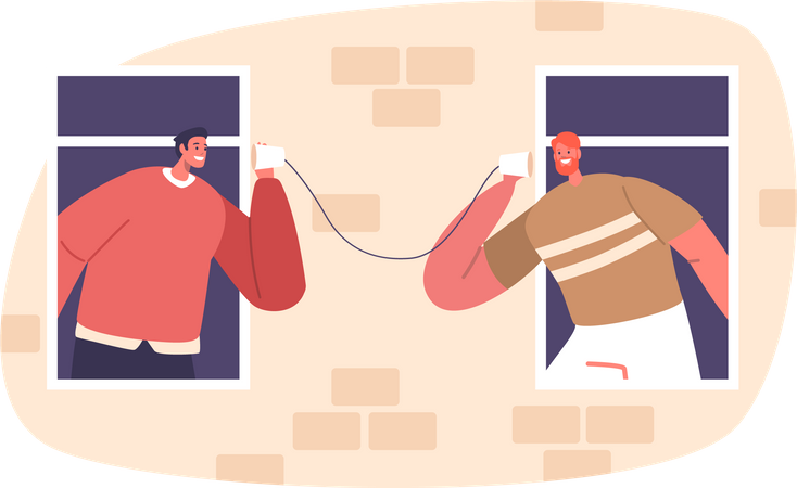 Vizinhos masculinos se comunicam engenhosamente por telefone de corda  Ilustração