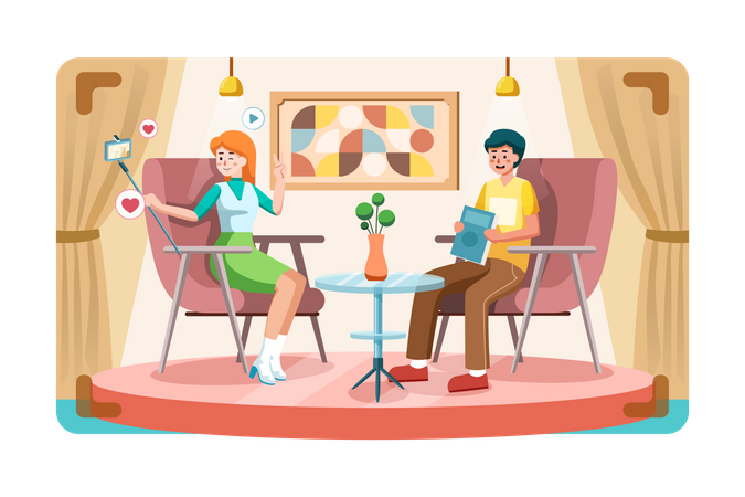 Vlogger broadcasting live event with celebrity  Illustration