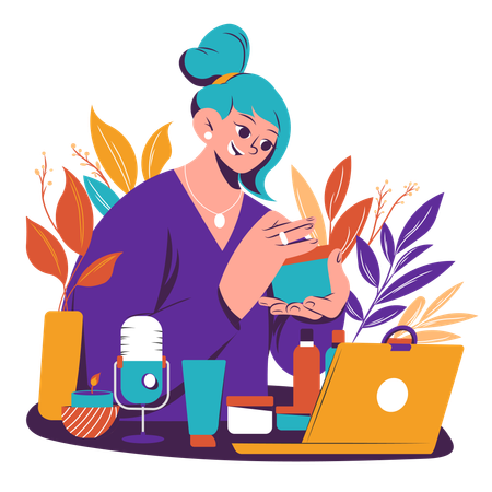 Vlogger de beleza dando tutorial de maquiagem  Ilustração