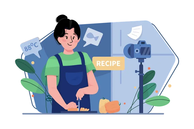 Vlogger gastronómico haciendo vlog de cocina  Ilustración