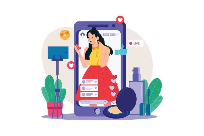 Vlogger féminine faisant une diffusion en direct  Illustration