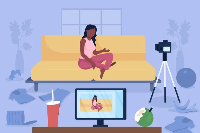 Vlogger In Messy Room Flat Color Vector Illustration Disorder In Home Bad Habit Of Leaving Mess Blogger Recording Video On Camera 2 D Cartoon Character With Dirty Clothing On Floor On Background Illustration
