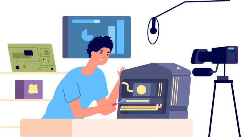 Vlogger man repairing machine  Illustration