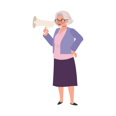Vocal Elderly Grandmother Empowering Protest with Megaphone  イラスト