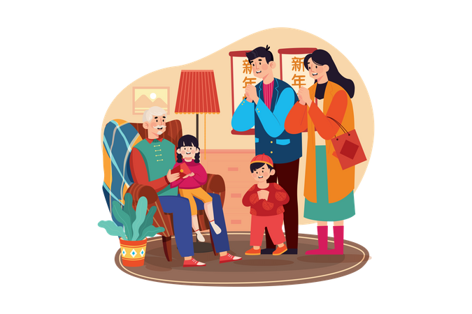 Salutation de famille chinoise pour le nouvel an  Illustration