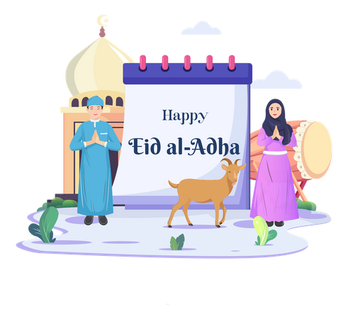 Salutation d'une famille musulmane pour l'Aïd Moubarak  Illustration