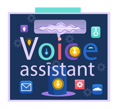 Voice Assistant Banner Smart Speaker With Voice Recognition Flat Vector Inscription For Websites On Blue Background Smart Speaker Recognizes Voice Commands And Controls Smart Home Devices イラスト