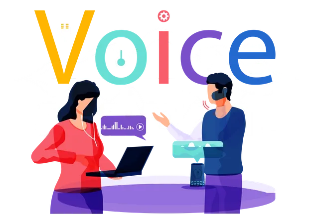 Voice Assistant. Smart Speaker Virtual Assistant, Sound Robot, People Using Voice Controlled Smart Speaker  Illustration