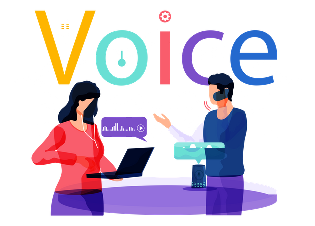 Voice Assistant. Smart Speaker Virtual Assistant, Sound Robot, People Using Voice Controlled Smart Speaker  Illustration