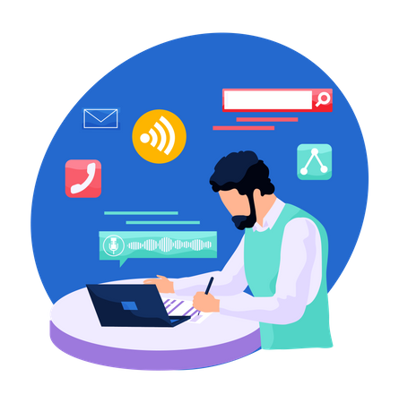 Voice assistant software agent perform tasks for user. Speaker recognition, voice controlled speaker  Illustration