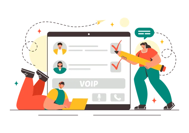 ビジネスウーマンが使用するVoIP  イラスト