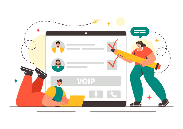 Voice Over Internet Protocol utilisé par une femme d'affaires  Illustration