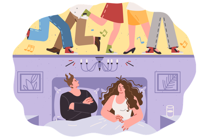 Des voisins bruyants qui font la fête perturbent le sommeil d'un couple marié allongé dans son lit  Illustration