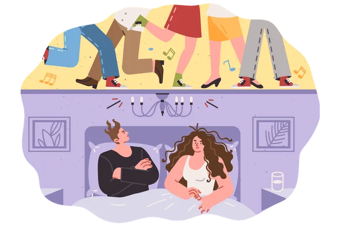 Des voisins bruyants qui font la fête perturbent le sommeil d'un couple marié allongé dans son lit  Illustration