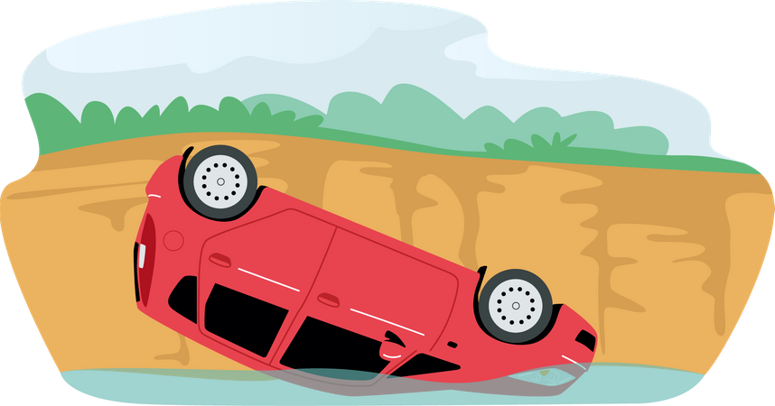 Une voiture cassée tombe d'une falaise dans l'eau  Illustration