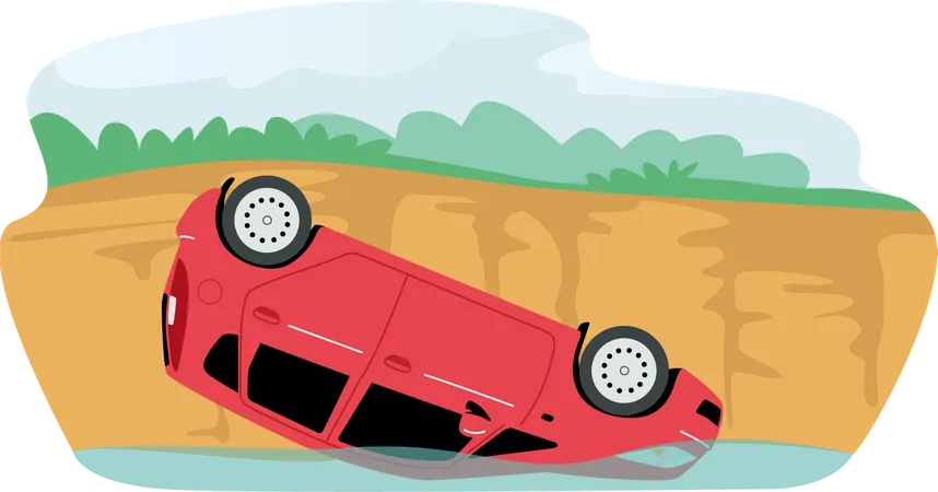 Une voiture cassée tombe d'une falaise dans l'eau  Illustration