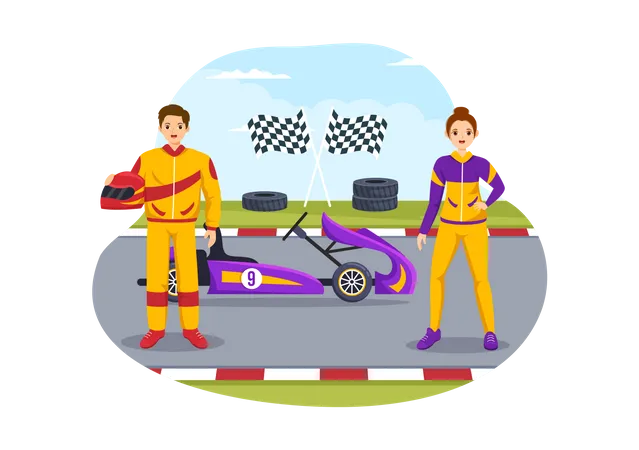 Sport De Karting Avec Jeu De Course Go Kart Ou Mini Voiture Sur Une Petite Piste De Circuit En Illustration De Modele Dessine A La Main Illustration