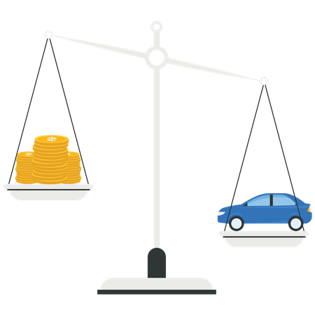 Voiture et pile d'argent sur la balance  Illustration