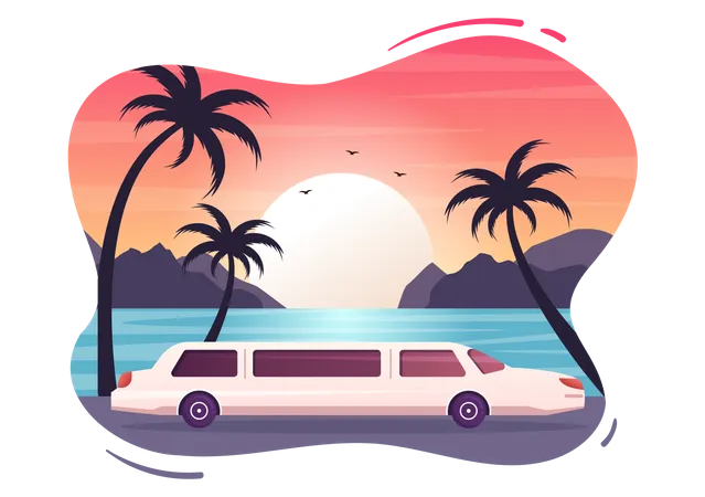 Voiture limousine avec coucher de soleil  Illustration