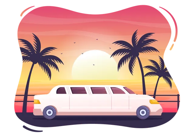 Voiture limousine avec lever du soleil  Illustration